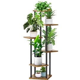 YOCOMEY 6 Tier Wood Tall Plant Stand Metal Rack Indoor, Multiple Flower Pot Holder Shelves Corner Rack, Planter Shelf Display Rack Storage Organizer for Patio Living Room Balcony Garden(Black)