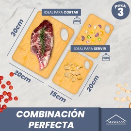 MAXIKASA - Bamboo Cutting Board | Pack of 3 | 2 Small and 1 Medium (x2-20x15cm | x1-30x20cm) | High Strength and Durability Board | Suitable for Cutting, Chopping and Serving | Kitchen Utensils.