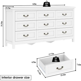Loomie 9-Drawer Dresser for Bedroom, 63" Wide Dresser TV Stand for TVs up to 75", Farmhouse Storage Long Wooden Dressers Organizer, Large Chest of Drawers with Vintage Pull for Bedroom, Closet, White
