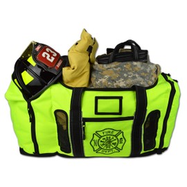 Newly Redesigned Lightning X Firefighter Fireman Quad-Vent Turnout Gear Bag w/Helmet Compartment, Mesh Vents & Maltese Cross for First Responder (Fluorescent Yellow)
