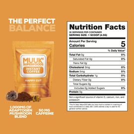 MUUK' SUPERFOODS |Happy Gut Mushroom Coffee | 100% Arabica Freeze-Dried Instant Coffee with Cardamom, Reishi & Chaga Mushroom Powder | 4.7oz (135g) 30 Servings