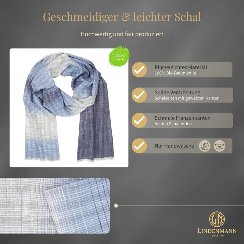 LINDENMANN Men's Scarf Light 100% Organic Cotton Blue, blue