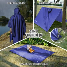 PTEROMY Hooded Rain Poncho for Adult with Pocket, Waterproof Lightweight Unisex Raincoat for Hiking Camping Emergency (Blue)