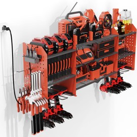 Power Tool Organizer with Charging Station,4-in-1 Upgrade Large Power Tool Holder Storage Rack,6 Drill Holders ,Heavy Duty Garage Tool Organizer Wall Mount with Screwdriver/6.5FT Power Strip (Red)