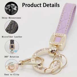 Daemson Microfiber Leather Car Keychain, Bling Diamond Keychains for Women, Universal Car Key Fob Holder with 360 Degree Rotatable, Anti-Lost D-Ring, 2 Keyrings and 1 Screwdriver (Purple)