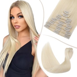 TESS Clip in Hair Extensions Real Human Hair Blonde Remy Seamless 8 Pieces Straight Long for Women/Girls (#60 Platinum Blonde, 24 Inch 80g)