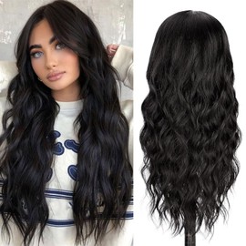 EDLMKM Long Wavy Black Wigs Charming Synthetic Fiber Long Wavy Hair Costume Wig for Women, Natural Curly Synthetic Hair Middle Part Full Wig for Daily Christmas Carnival Party Cosplay Use-26Inches