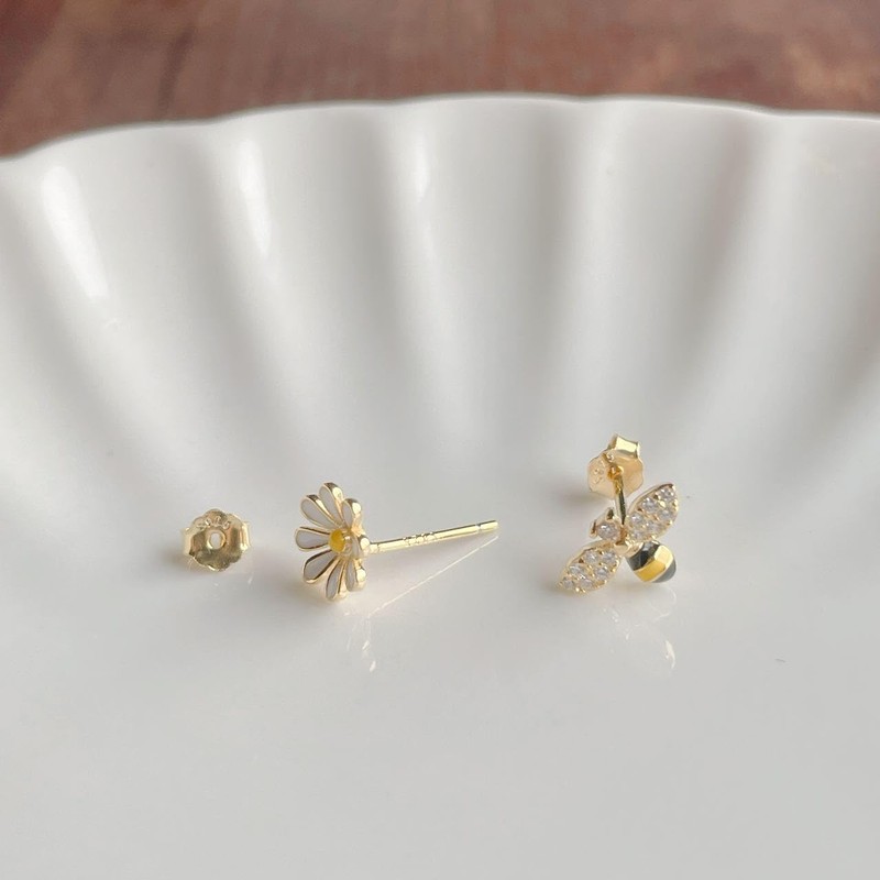 Silver 925 Earrings, Silver, Gold, 18K Coating, Honeybee, Flowers, Asymmetrical,