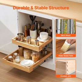 VEVOR 2 Tier Pull Out Cabinet Organizer, 17"W x 21"D Cabinet Drawer, Soft Close Slide out Shelf, Heavy-Duty Sliding Wood Drawer, Adjustable Base Cabinet Organization for Kitchen Pantry Bathroom
