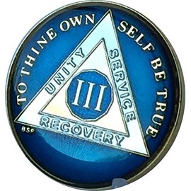 Bright Star Press 3 Year Midnight Blue AA Alcoholics Anonymous Medallion Chip Tri Plate Gold & Nickel Plated Serenity Prayer