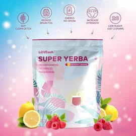 LOVEach SUPER YERBA Energy Drink Mix – 30 Raspberry Lemonade Powder Sticks with Ashwagandha, Vitamin D3, Magnesium, Lions’ Mane, Prebiotic & Probiotic for Energy, Focus & Gut Health