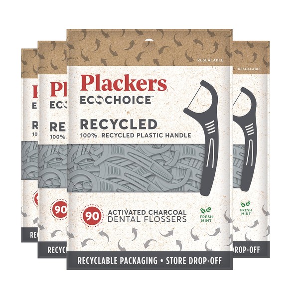 Plackers Ecochoice Activated Charcoal Recycled Dental Flossers, 90 Count (Pack of 1)