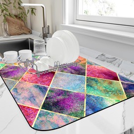 Watercolor Argyle Plaid Dish Drying Mat Abstract Geometric Plaid Kitchen Mat 12"x19" Bsorbent Coffee Maker Mat for Dishes Utensils Coffee Maker Pots and Pans Easy Clean Dish Slip Resistant Pad
