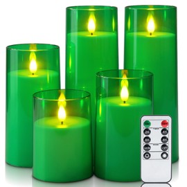 Homemory Green Flickering Flameless Candles, Battery Operated Acrylic LED Pillar Candles with Remote Control and Timer, Set of 5, St. Patrick's Day