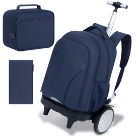 AGSDON Quiet Glide Rolling Backpack with Lunch Box Set - Large Wheel Water-Resistant Wheeled Bag for Business, Travel, and College | Navy Blue 3-in-1 Organizer Backpack