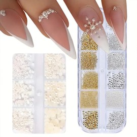 Viojrlly Pack of 2 Nail Beads Nail Beads Stainless Steel Beads Gold and Silver Beads Nails 3D Mini Micro Nail Art Nail Caviar Nail Art Decoration Nail Accessories Mini Rhinestones Deco Nail Nail