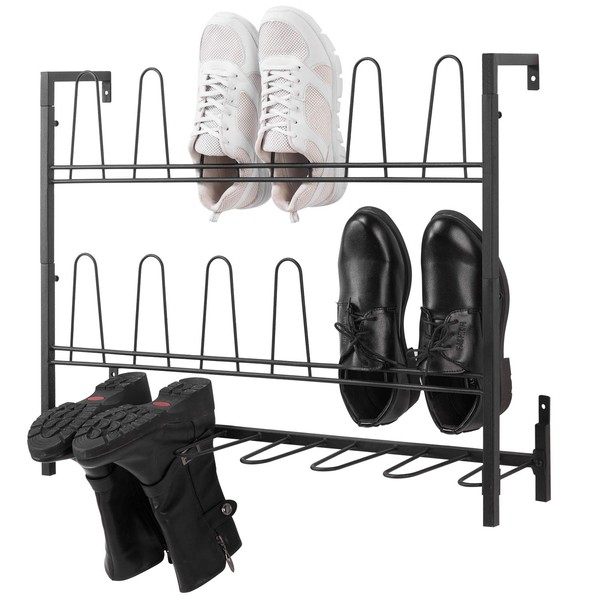 MyGift Premium Black Metal Hanging Wall Shoe Rack for Walk in Closet, Mudroom and Entryway, Wall Mounted Space Saving Boot and Shoe Rack Organizer, Holds 9 Pairs