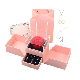 hssopa Preserved Real Red Rose with S925 Sterling Silver Necklace, Eternal Rose with I Love You Necklace in 100 Languages Girlfriend Her, Necklace + pair of rings + earrings