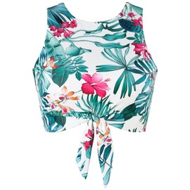 Women's Cut Out Tie Knot Front Scoop High Neck Tank Crop Top Bikini Swimsuit Top Only