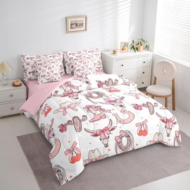 Manfei Western Cowgirl Bed Set in a Bag 7 Pcs,Princess Pink Bowknots Cute Cherry Bedding Set,Cowboy Hats Boots Horseshoe Bull Skull Comforter with Fitted,Flat Sheet,Pillowcase,Pillow Covers,Twin