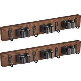 OUTNILI 2 Pack Mop Broom Holder Wall Mount with 3 Slots & 4 Hooks - Rustic Wood Broom Mop Hanger for Pantry Kitchen Organization - Garden Tool Organizer for Closet Laundry Room