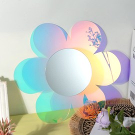 Irregular Wall Mirror Wavy Acrylic Rainbow Mirror Room Decor Aesthetic Mirror Amorphic Vanity Retro Mirror for Bedroom Living Room Bathroom Entryway Wall Decor (Flower Style,12.6 x 11.6 Inch)