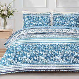 Exclusivo Mezcla Reversible Boho Quilt Set Queen Size, 3 Pieces Bohemian Striped Blue All Season Bedspreads, Ultra Soft Floral Coverlet Bedding Set with Printed Pattern (1 Quilt, 2 Pillow Shams)