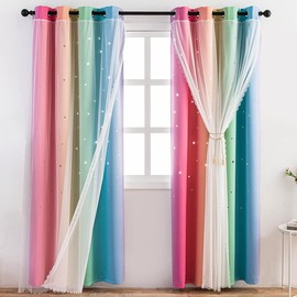 Reepow Star Kids Curtains for Bedroom Playroom Nursery, Rainbow Ombre Blackout Curtains with Hollow-Out Stars and Stainless Steel Gromment Top - 52" x 84" × 2 Panels