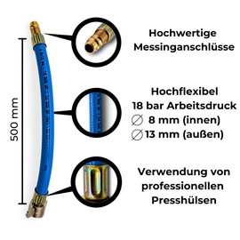 Truck Filling Hose with Euro Plug (NW 7.2) - GRUBENSTAHL Compressed Air Adapter for Test Connection - 18 Bar - Brass Connections - Tyre Inflator & Workshop Accessories (500 mm)