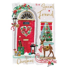 Special Friend Christmas Card - Festive Front Door and Reindeer - Contemporary Artistic Design - Special Finishes and Illustrated Insert Leaf - Made in the UK