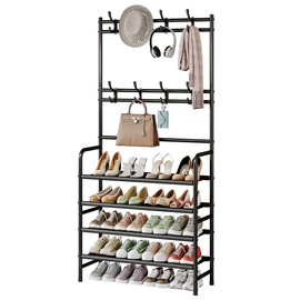 YIZAIJIA Coat Rack Shoe Rack With Storage Shelf Freestanding with 8 Hooks for Entryway Bedroom Closet 4 Tier, Black