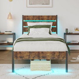 PUNICE Twin Size Bed Frame with Charging Station, LED Light Metal Bed Frame with Wooden Headboard, No Box Spring Required, No Noise, Easy Assembly, Rustic Brown