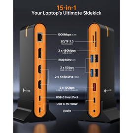 NOVOO 15-in-1 Vertical/Horizontal USB C Docking Station Triple Monitor – 8K@30Hz DP, Dual 4K@60Hz HDMI, 10Gbps USB-A/C, SD/TF, 1Gbps Ethernet,Dual Monitor Adapter Dock for MacBook, Windows Laptops
