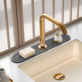 Diatomite Stone Faucet Mat For Kitchen Sink-Absorbent Fast Drying Stone Sink Tray,Faucet Splash Guard Counter,Quick Dry Sink Mat Around Faucet For Kitchen & Bathroom (Dark Grey,15.7" x 4")