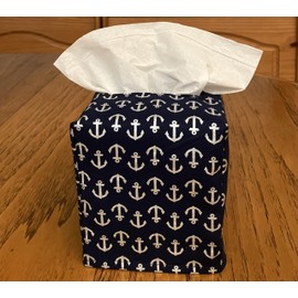 Tissue Box Cover, Square, Glittering Silver Nautical Anchors On Navy Blue Fabric Square Tissue Box Cover