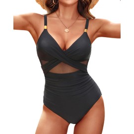 Tempt Me Women One Piece Swimsuits Tummy Control Bathing Suits Cutout Mesh Front Cross Swimwear, Black-metal Buckle, Large