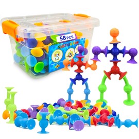 Dapam 58 Piece Suction Fun Sticky Toy Set with Storage Bin, BPA Free Silicone, Stimulating Sensory Travel Bathtub Window Toys for Kids Boys Girls, Medium