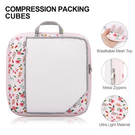 Gonex Compression Packing Cubes, 6 PCS Travel Luggage Packing Organizers with Mesh Extensible Suitcase Organiser for Travel, Floral Pink