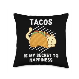 Kawaii Cat Tacos Is My Secret To Happiness Cute Tacos is My Secret to Happiness Cat Throw Pillow, 16x16, Multicolor