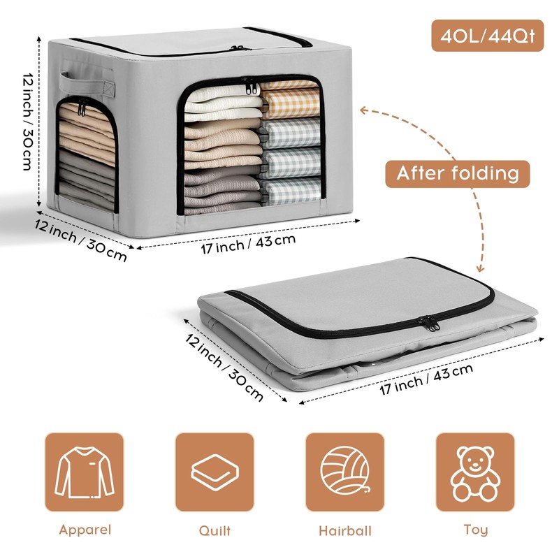 Graciadeco 3-Pack Clothes Organizer Bins with Metal Frame, Foldable 40L
