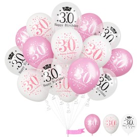 Pink 30th Birthday Decorations for Women, Pack of 15 Happy 30th Birthday Balloons Pink White Transparent Latex Balloons Decor for Age 30 Year Old Lady Birthday Celebration Party Decorations Supplies