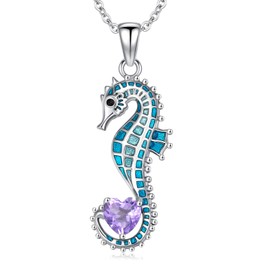 LONAGO Seahorse Necklace for Women 925 Sterling Silver Blue Seahorse with Heart-Shaped Birthstone Pendant Necklace, Sterling Silver, Cubic Zirconia