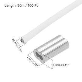 QUARKZMAN 100 ft (30 m) Wire Rope 304 Stainless Steel Cable 3/64 Inch (1 mm) Vinyl Coated with 10 Aluminium Sleeves for Hanging, Washing Lines, Lifting, White