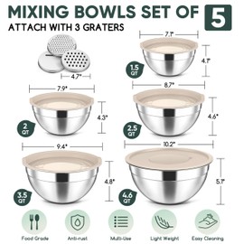 Herogo 5-Piece Mixing Bowls with Lids, 3 Grater Attachments, Stainless Steel Salad Bowls for Kitchen, Size 4.6, 3.5, 2.5, 2, 1.5QT Ideal for Baking, Prepping, Mixing and Serving, Khaki