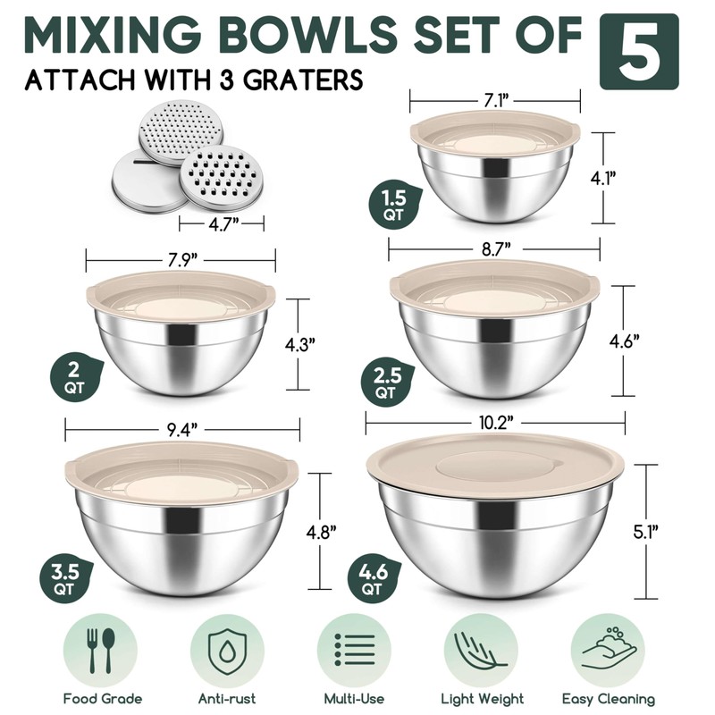 Herogo 5-Piece Mixing Bowls with Lids, 3 Grater Attachments, Stainless