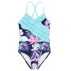 Durio Girls One Piece Swimsuits Toddler Ruffle Beach Bathing Suit Kids Summer Sleeveless Swimwear Navy Floral Cyan Ruffles 6-7 Years