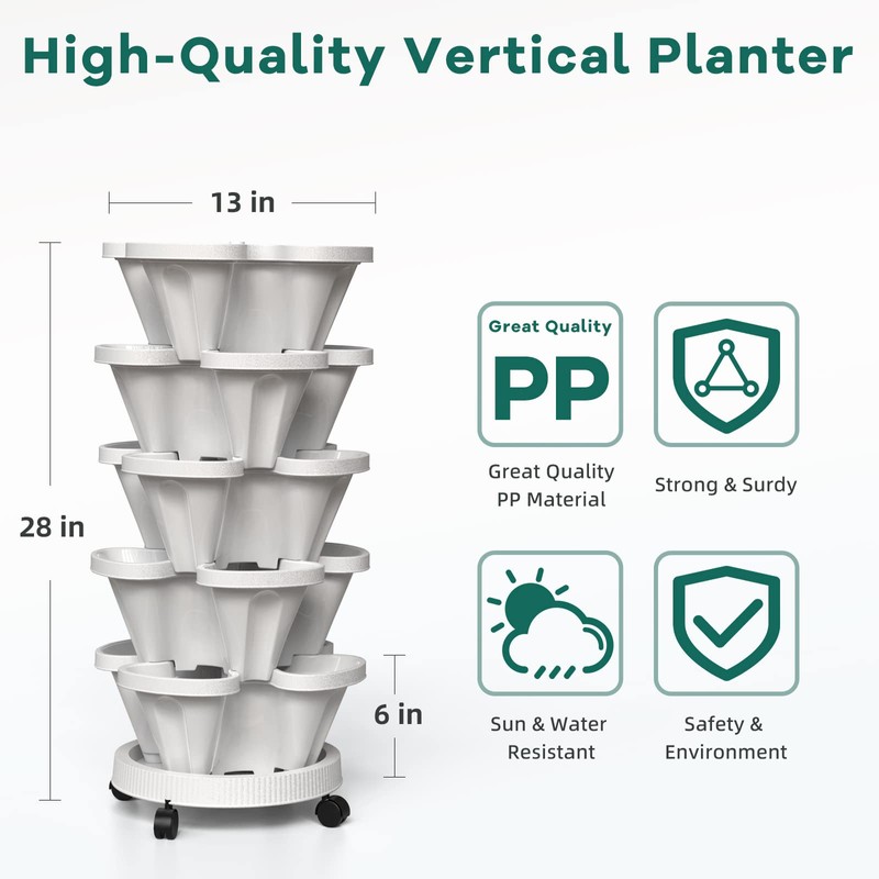 Tectsia Strawberry Vertical Planters, 5 Tiered Stacking Tower Garden with