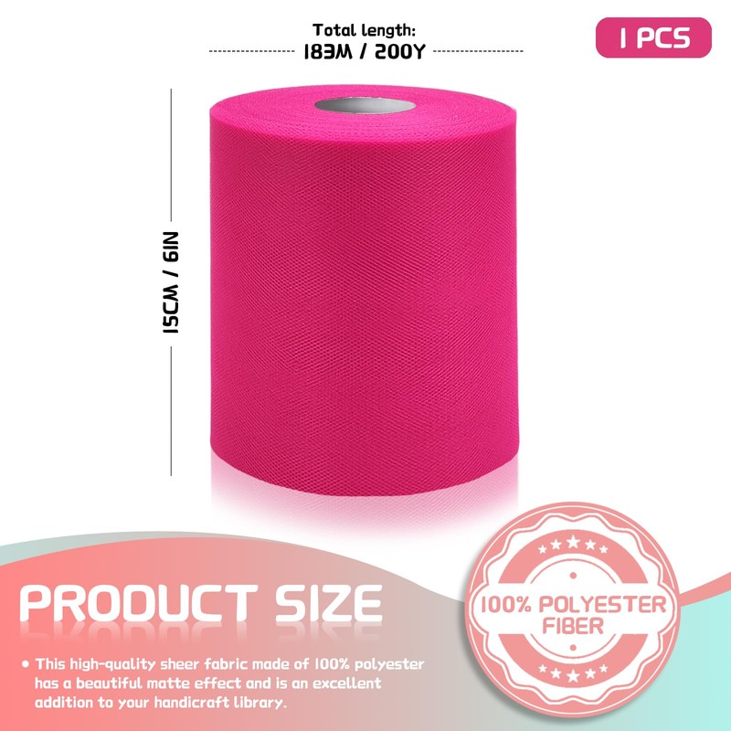6" x 200 Yards Fuchsia Tulle Fabric Rolls, Hot Pink