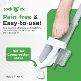 Sock Ox by Easy To Use Products, adjustable sock aid device for seniors, not for compression socks, travel-friendly for elderly with built-in shoe horn, up to 36 inches in length