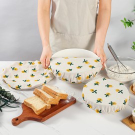 Reusable Bowl Covers for Bread Proofing Baking Embroidered Daisy Linen Cotton Cloth Fabric Washable with Elastic Cover for Food Fruit Salad Eco-friendly (Beige Daisy)